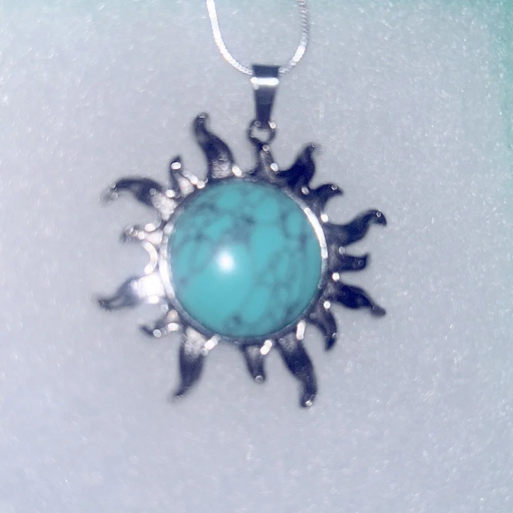 Boho hippie Turquoise Crystal Sun Sterling Silver Necklace 16”